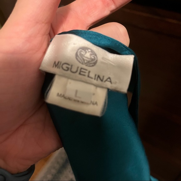 Miguelina Blue Teal Gold Silk A-Line Dress L - Picture 5 of 5